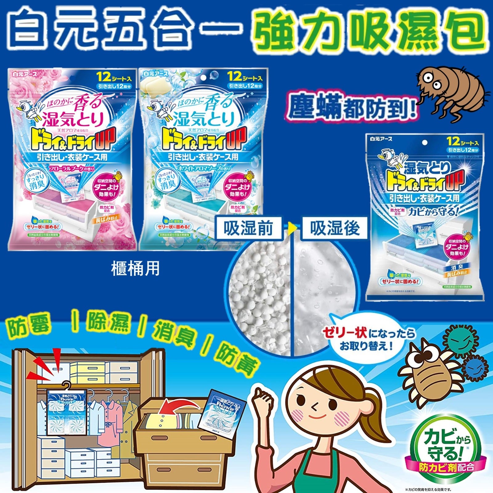 白元🇯🇵 五合一強力吸濕防蟲包 櫃桶用 12個入