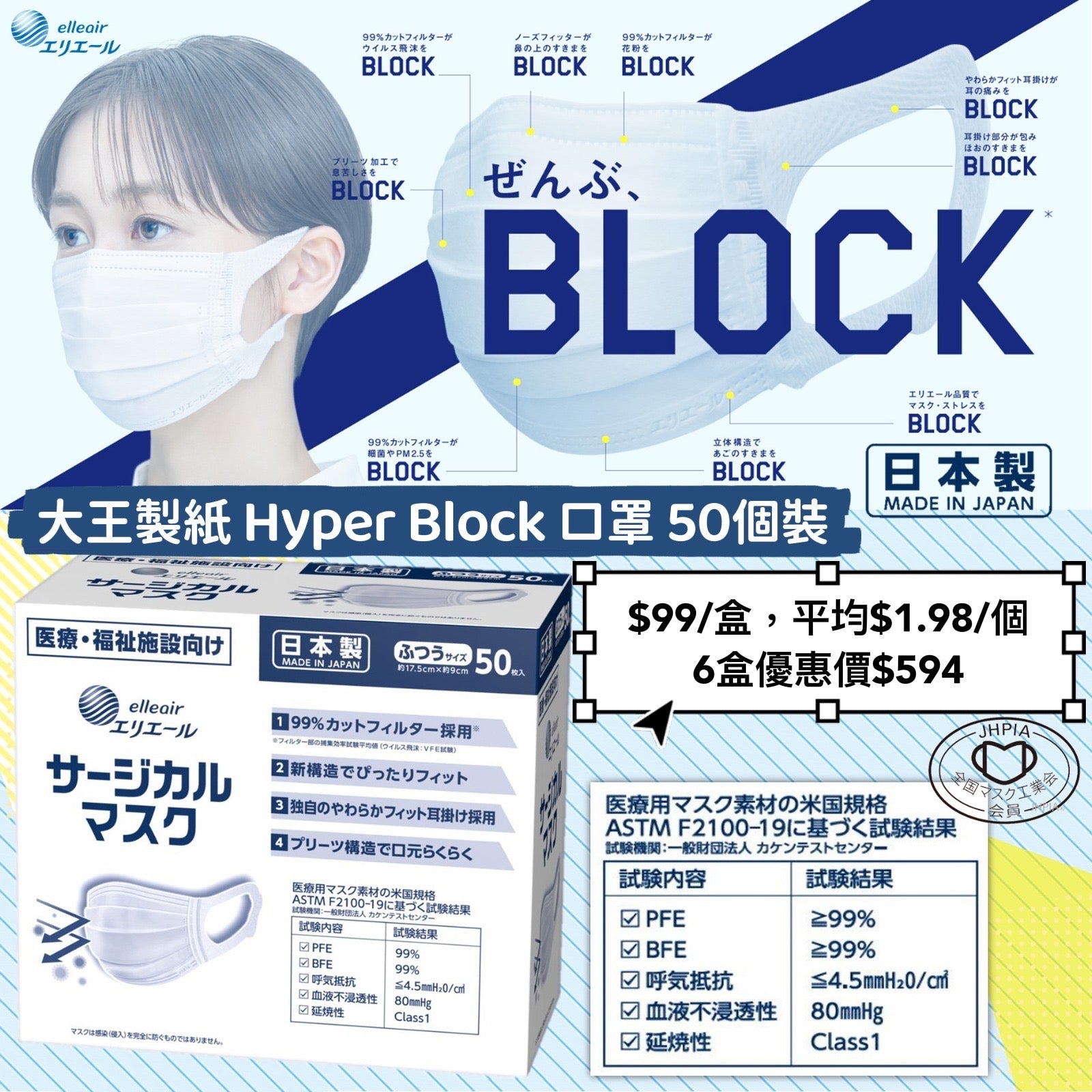 日本製 🇯🇵 elleair 大王製紙 Hyper Block 3層強效過濾口罩50個裝❗️❗️